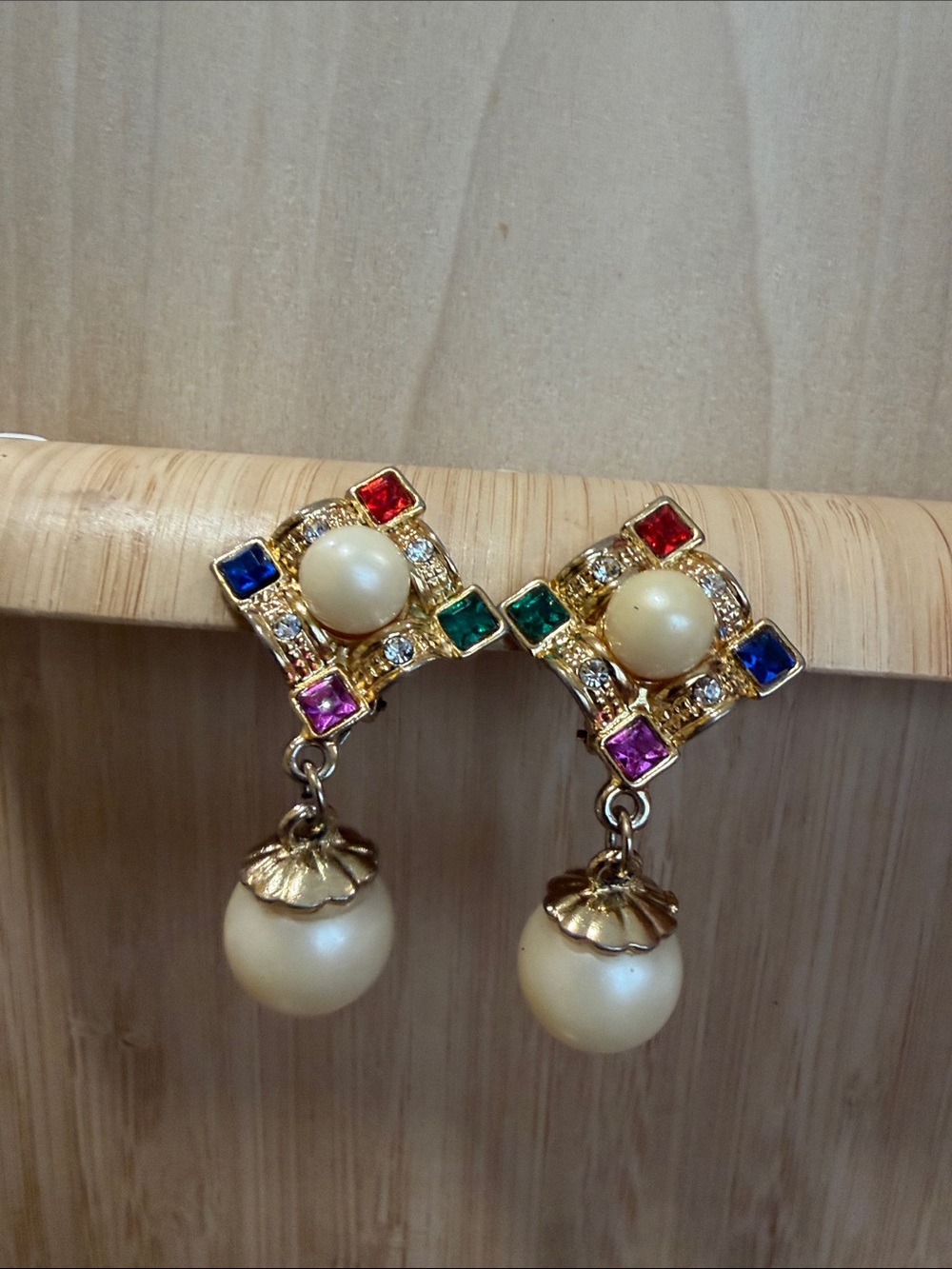 Vintage Gold Pearl Drop Earrings with Multicolored Crystals. Clip earrings